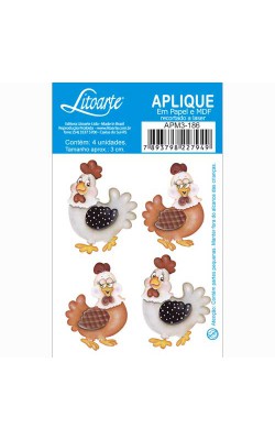 APLIQUE LITOARTE EM PAPEL E MDF COM 4 UNIDADE GALINHAS